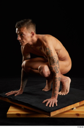 Whole Body Man White Tattoo Nude Athletic Kneeling Studio photo references